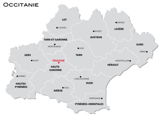 simple gray administrative map of the new french region Occitanie - obrazy, fototapety, plakaty