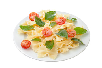 Cherry tomatoes and pasta. Isolated on white background