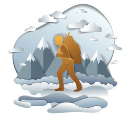 Hiker man walking through grasslands with high mountain peaks in background. Vector illustration of scenic nature with hiking guy carrying backpack, climber. Summer vacations.