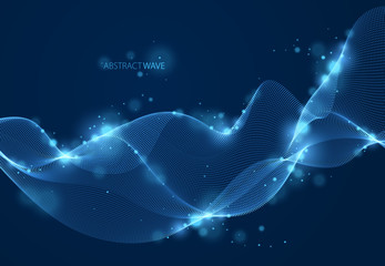 Flowing energy particles, wave of blended dots over dark. Curved dotted 3d lines vector illustration. 3d futuristic technology style with glowing shining effect.