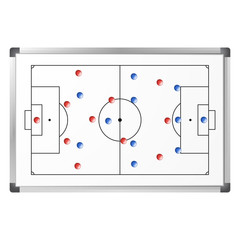 Soccer game tactical scheme shown on the whiteboard with blue and red magnets. Football pitch markup on marker board isolated on white background. Soccer match analysis scheme. Vector illustration