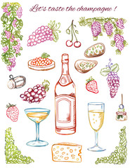 Champagne tasting. Hand-drawn coloring sketches, doodles isolated on white. Vintage grapes, bottle, snacks, wine glasses