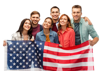 patriotism, citizenship and friendship concept - group of smiling friends with american flag over...
