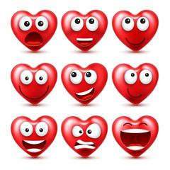 Heart Smiley Emoji Vector Set For Valentines Day. Funny Red Face With Expressions And Emotions. Love Symbol.