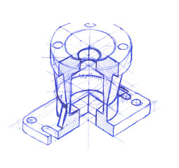 Mechanical isometrical engineering drawing. Sketch drawing engineering parts. Isolated illustration.