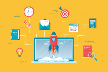 Business project startup, financial planning, idea development process, strategy, management, realization, success. Rocket launch from laptop screen.Business plan, hourglass, target, calculator Vector