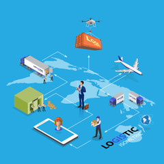 Drone logistics network Flat 3d isometric vector illustration Set container shipping On-time delivery