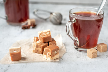 Nougat and tea. Eastern sweets.