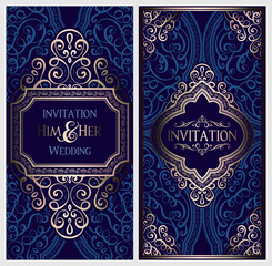 Wedding invitation card with gold shiny eastern and baroque rich foliage. Ornate islamic background for your design. Islam, Arabic, Indian, Dubai.