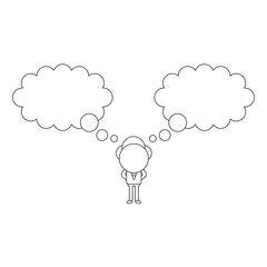 Vector illustration of businessman character with two thought bubbles. Black outline.