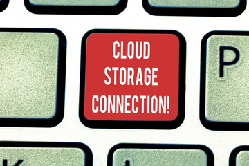 Conceptual hand writing showing Cloud Storage Connection. Business photo showcasing stored data on remote server accessed from internet Keyboard key Intention to create computer message idea