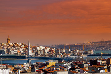 Istanbul Unkapani Metro bridge and Galata Tower view, Turkey