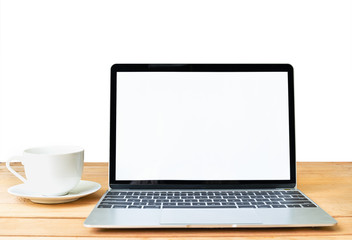 Front view of laptop mockup and coffee cup on white
