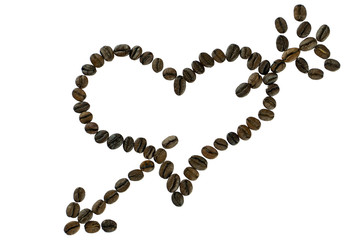 Coffee bean heart pierced by an arrow isolated