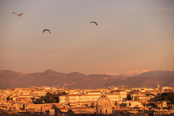 Obraz premium View of the city at sunset. On the horizon tops of mountains in the snow. Rome. 