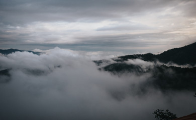 Morning fog, white sky, blue sky