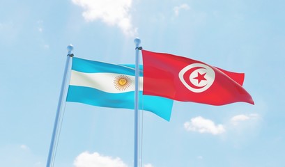 Tunisia and Argentina, two flags waving against blue sky. 3d image