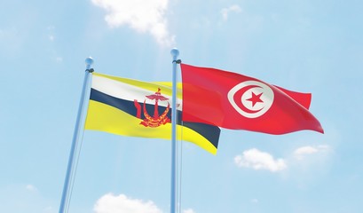 Tunisia and Brunei, two flags waving against blue sky. 3d image