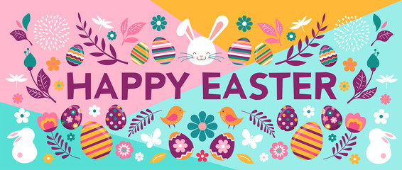 Fototapeta premium Happy Easter, vector banner with flowers, eggs and bunnies