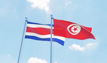 Tunisia and Costa Rica, two flags waving against blue sky. 3d image