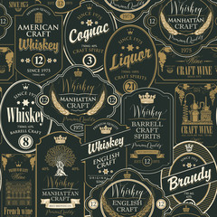 Vector seamless pattern with a collage of labels for various alcoholic beverages in black and gold colors in retro style with inscriptions whiskey, liquor, cognac, wine, brandy.