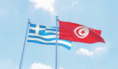 Tunisia and Greece, two flags waving against blue sky. 3d image