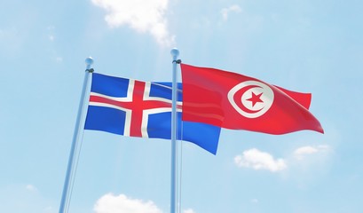 Tunisia and Iceland, two flags waving against blue sky. 3d image