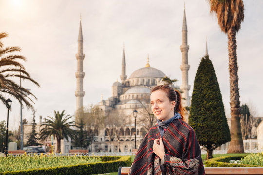 Woman traveling in Istanbul near Aya Sofia mosque, Turkey