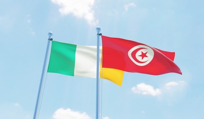 Tunisia and Ireland, two flags waving against blue sky. 3d image