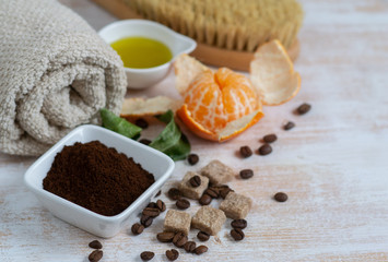 Natural Ingredients for Homemade Body Coffee Sugar Olive Oil Scrub with Mandarin Beauty SPA Concept Body Care