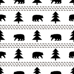 Seamless pattern with black bears and firs on the white background.