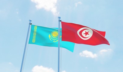 Tunisia and Kazakhstan, two flags waving against blue sky. 3d image