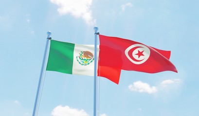 Tunisia and Mexico, two flags waving against blue sky. 3d image