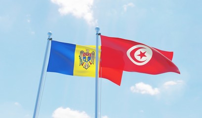 Tunisia and Moldova, two flags waving against blue sky. 3d image