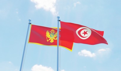 Tunisia and Montenegro, two flags waving against blue sky. 3d image