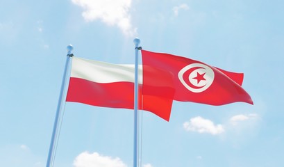Tunisia and Poland, two flags waving against blue sky. 3d image