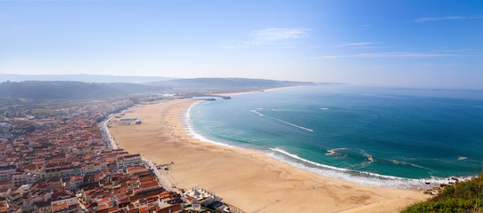Panorama of the Atlantic Ocean in Nazare, Portugal. 