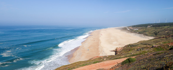 Panorama of the Atlantic Ocean in Nazare, Portugal. 