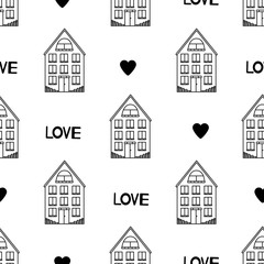 Seamless pattern with black houses, words Love and hearts.