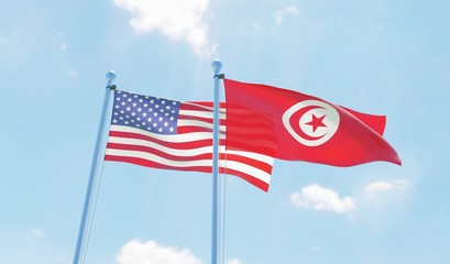 Tunisia and USA, two flags waving against blue sky. 3d image