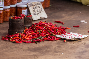 small peppers green and red, reunion island, local market of saint-pierre