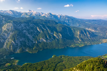 Fototapeta na wymiar Breathtaking view of the famous Bohinj lake from Vogel mountain. Triglav national park, Julian Alps, Slovenia