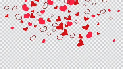 Red hearts of confetti crumbled. Red on Transparent background Vector. A sample of wallpaper design, textiles, packaging, printing, holiday invitation for wedding. Light background.