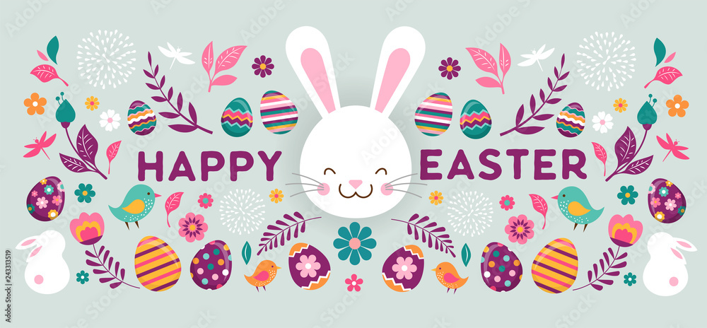 Wall mural Happy Easter, vector banner with flowers, eggs and bunnies