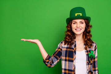 Close up photo of attractive she her brunette arm hand point to 