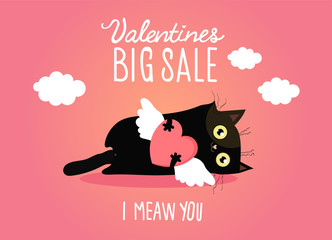 Fototapeta na wymiar Valentine's day illustration with cat, i meaw you and heart, big sale, love Invitation card, abstract background with text love, 14th of February.