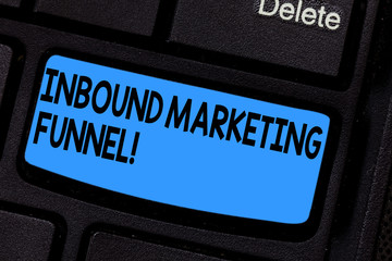 Writing note showing Inbound Marketing Funnel. Business photo showcasing process of attracting a large amount of prospects Keyboard key Intention to create computer message pressing keypad idea