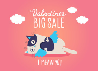 Valentine's day illustration with cat, i meaw you and heart, big sale, love Invitation card, abstract background with text love, 14th of February.