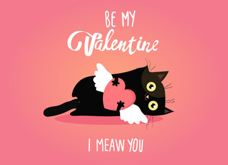 Fototapeta na wymiar Valentine's day illustration with cat, i meaw you and heart, big sale, love Invitation card, abstract background with text love, 14th of February.