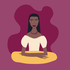 Pretty young exotic ethnicity mixed race woman sitting at table wearing beautiful beige dress necklace Lovely girl portrait Straight long black hair nice make-up Hand drawn Cartoon character.